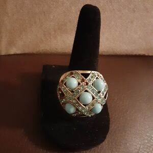 Vintage Blue Stone Ring Gold Tone Stretch Band